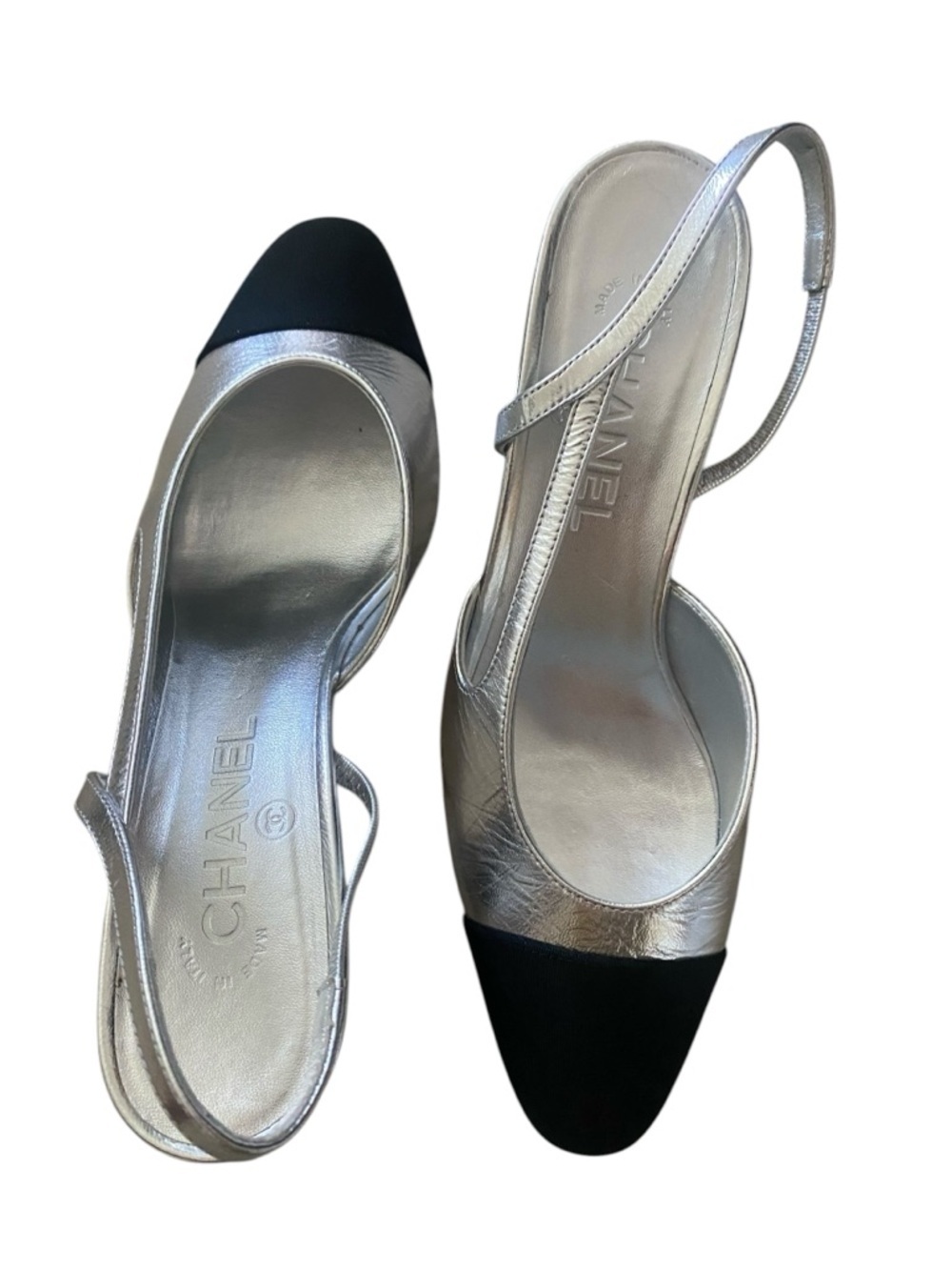 CHANEL Rare Silver Slingback Heels Cap Toe 39 Iconic Pumps Worn 3x - Picture 4 of 16